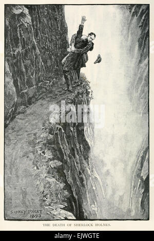 The Death of Sherlock Holmes - Holmes struggles with Moriarty at the Reichenbach Falls from 'The Final Problem' by Arthur Conan Doyle (1859-1930). Illustration by Sidney Paget (1860-1908) from December 1893 edition of The Strand Magazine. Credit: Private Collection / AF Fotografie Stock Photo