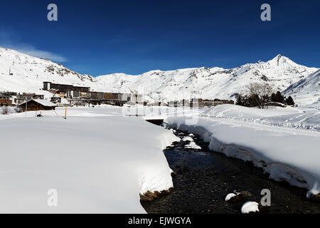 Llandscape and ski resort in French Alps,Tignes, Le Clavet, Tarentaise, France Stock Photo