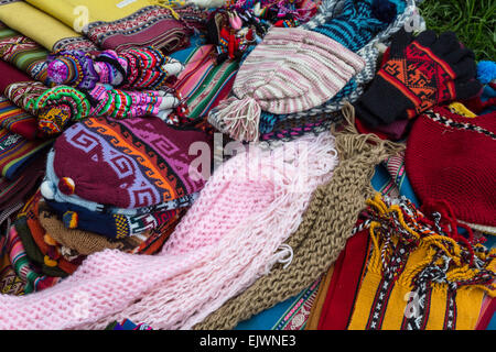 Peru, Urubamba Valley, Quechua Village of Misminay.  Locally-woven Textiles, Scarves, and Hats. Stock Photo