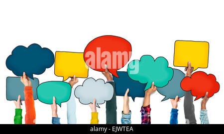 Group of Diverse People Holding Colorful Speech Bubbles Stock Photo