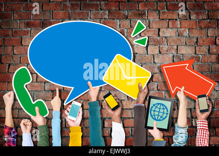 Group of Hands Holding Digital Devices Global Communications Stock Photo