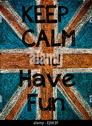 United Kingdom (British Union jack) flag, hand drawing with chalk on blackboard, vintage concept.Keep Calm and Have Fun message Stock Photo