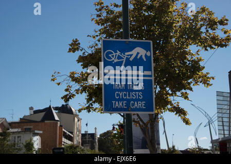 cycling warning sign in Christchurch, New Zealand Stock Photo