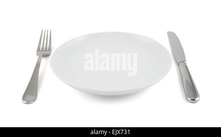 Table knife, fork and ceramic plate isolated Stock Photo
