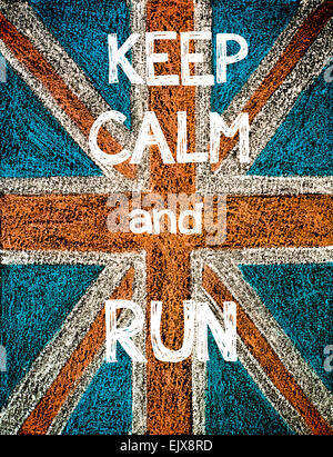 Keep Calm and Run. United Kingdom (British Union jack) flag, vintage hand drawing with chalk on blackboard, humor concept image Stock Photo
