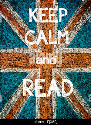 Keep Calm and Read. United Kingdom (British Union jack) flag, vintage hand drawing with chalk on blackboard, humor concept image Stock Photo