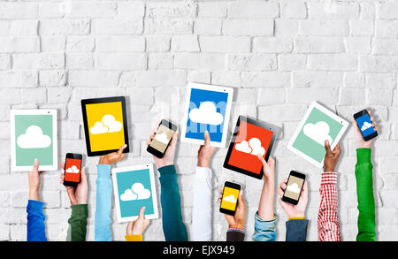 Hands Holding Digital Devices Cloud Networking Stock Photo