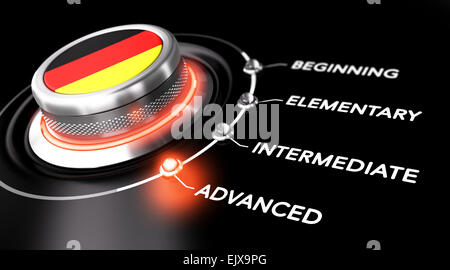 Modern switch pointing the word advanced. Black backgorund. Concept of german courses or language skill level Stock Photo