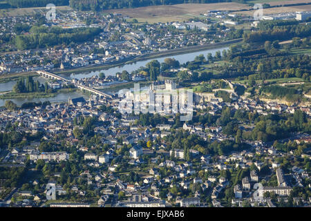 Amboise town and the Royal Chateau from the air. Island, campsite and bridge in view. Stock Photo