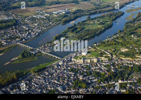 Amboise town and the Royal Chateau from the air. Island, campsite and bridge in view. Stock Photo