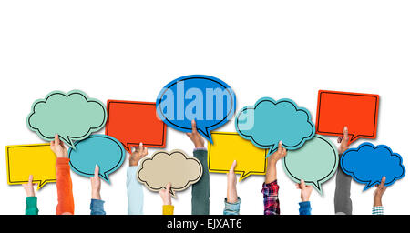 Diverse Hands Holding Colorful Speech Bubbles Stock Photo