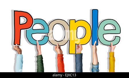 Multi ethnic Group of Hands Holding Word People Stock Photo