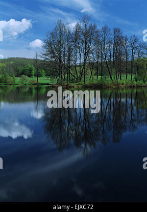 Lake reflecting saturated blue skies and trees against emerald greenery. Stock Photo