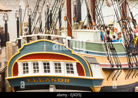 Eleanor, replica of one of the Boston Tea Party ships, outside Boston Tea Party Museum, Boston, Massachusetts, USA Stock Photo