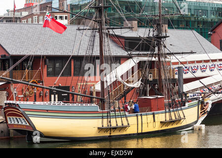 Beaver, replica of one of the Boston Tea Party ships, outside Boston Tea Party Museum, Boston, Massachusetts, USA Stock Photo