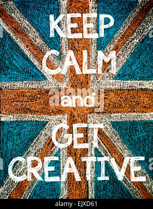 Keep Calm and Get Creative. United Kingdom (British Union jack) flag, vintage hand drawing with chalk on blackboard, humor concept image Stock Photo