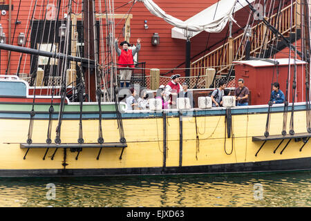 Beaver, replica of one of the Boston Tea Party ships, outside Boston Tea Party Museum, Boston, Massachusetts, USA Stock Photo