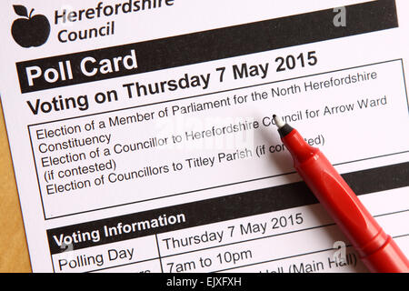 April 2015. Herefordshire Council have started to deliver voting Poll Cards to voters in the county ready for the General Elections on 7th May 2015. Registered voters will be able to vote for their local Member of Parliament ( MP ) in the national General Election, local county councillor and also local parish councillor. Stock Photo