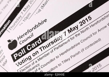 April 2015. Herefordshire Council have started to deliver voting Poll Cards to voters in the county ready for the General Election on 7th May 2015. Registered voters will be able to vote for their local Member of Parliament ( MP ) in the national General Election, local county councillor and also local parish councillor. Stock Photo