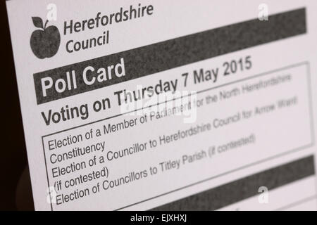 April 2015. Herefordshire Council have started to deliver voting Poll Cards to voters in the county ready for the Elections on 7th May 2015. Registered voters will be able to vote for their local Member of Parliament ( MP ) in the national General Election, local county councillor and also local parish councillor. Stock Photo