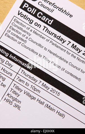 April 2015. Herefordshire Council have started to deliver voting Poll Cards to voters in the county ready for the General Election on 7th May 2015. Registered voters will be able to vote for their local Member of Parliament ( MP ) in the national General Election, local county councillor and also local parish councillor. Stock Photo