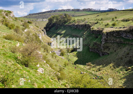 Lathkill Dale in the White Peak. The upper section near the village of Monyash. Dramatic limestone scenery. Stock Photo