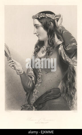 Eleanor of Provence, Queen of Henry III, adjusting her tiara while looking in a mirror. Stock Photo