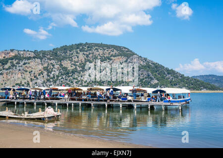 Cruise boats at Iztuzu beach, Dalyan river delta, Mugla Province, Aegean Region, Turkey Stock Photo