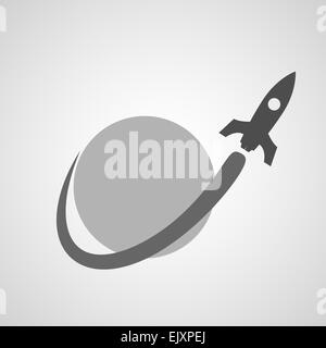 Simple icon in black color of space rocket flying near planet. Stock Photo