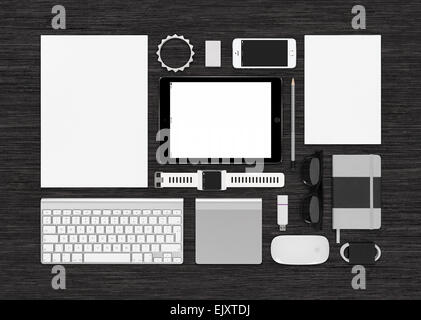 Template technology mockup for corporate branding identity. Includes tablet computer, smart watch, smartphone, keyboard, noteboo Stock Photo