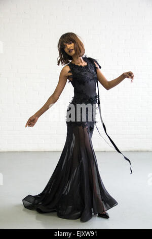 South African model Millen Magese posing in a David Tlale dress at David Tlale's studio in Maboneng, Johannesburg, South Africa, 26 March 2015. Photo: Miora Rajaonary/dpa Stock Photo