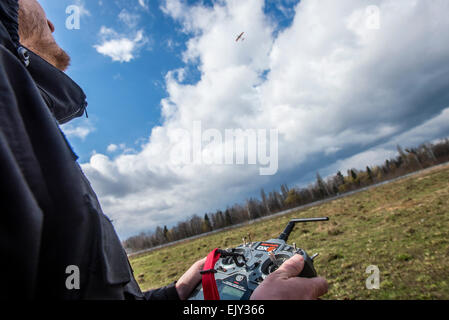 Kiev, Ukraine. 02nd Apr, 2015. Ukrainian soldier of Azov Battalion of Ukrainian Special Forces learns how to control unmanned aerial vehicle at Training Center of Ukrainian Military Aerial Intelligence. Training Center is unique organization, created for training Ukrainian soldiers controlling unmanned aerial vehicle and using them for aerial intelligence. Previously graduated soldiers are servicing now in 93rd Mechanized Brigade, Right sector, Battalion of Ukrainian Special Forces Azov. Kyiv, Ukraine. 2 of April. Photo of Oleksandr Rupeta. Credit:  Oleksandr Rupeta/Alamy Live News Stock Photo