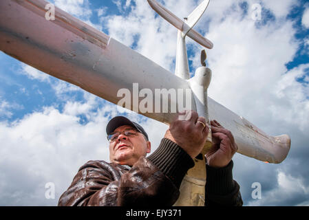 Kiev, Ukraine. 02nd Apr, 2015. Trainer holds drone used for training Ukrainian soldiers to control unmanned aerial vehicle in the field at Training Center of Ukrainian Military Aerial Intelligence. Training Center is unique organization, created for training Ukrainian soldiers controlling unmanned aerial vehicle and using them for aerial intelligence. Previously graduated soldiers are servicing now in 93rd Mechanized Brigade, Right sector, Battalion of Ukrainian Special Forces Azov. Kyiv, Ukraine. 2 of April. Photo of Oleksandr Rupeta. Credit:  Oleksandr Rupeta/Alamy Live News Stock Photo