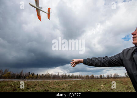 Kiev, Ukraine. 02nd Apr, 2015. Student runs the drone used for training Ukrainian soldiers to control unmanned aerial vehicle in the field into the sky, Training Center of Ukrainian Military Aerial Intelligence. Training Center is unique organization, created for training Ukrainian soldiers controlling unmanned aerial vehicle and using them for aerial intelligence. Previously graduated soldiers are servicing now in 93rd Mechanized Brigade, Right sector, Battalion of Ukrainian Special Forces Azov. Kyiv, Ukraine. 2 of April. Photo of Oleksandr Rupeta. Credit:  Oleksandr Rupeta/Alamy Live News Stock Photo