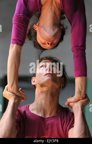 Acrobats of the new circus Catalan group PSiRC perform show Acrometria during the European Capital of Culture 2015 in Plzen (Pilsen), Czech Republic, April 2, 2015. Pilsen will offer about 600 events this year, including theatre performances, concerts and exhibitions. (CTK Photo/Pavel Nemecek) Stock Photo