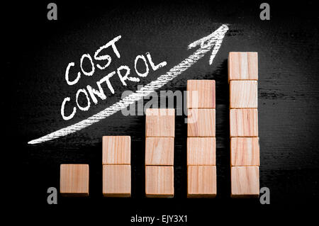 Words Cost Control on ascending arrow above bar graph of Wooden small cubes isolated on black background. Chalk drawing on blackboard. Business Concept image. Stock Photo