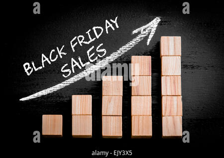 Words Black Friday Sales on ascending arrow above bar graph of Wooden small cubes isolated on black background. Chalk drawing on blackboard. Business Concept image. Stock Photo