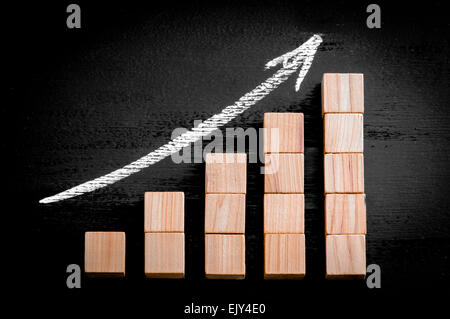Ascending arrow above bar graph of Wooden small cubes isolated on black background. Chalk drawing on blackboard. Business Concept image. Stock Photo