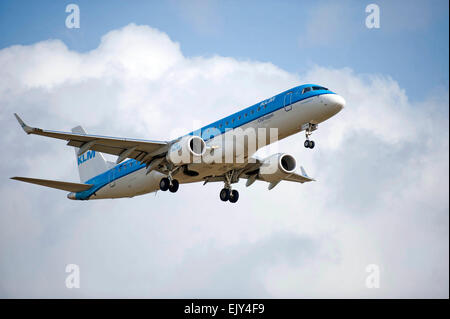 KLM Cityhopper plane from Amsterdam about to land at Bristol Airport in England, UK. Stock Photo