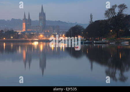 Truro Cathedral reflected in Truro River. Stock Photo