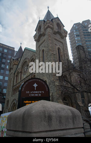 The tower of St. Andrew's Presbyterian Church on King Street West in downtown Toronto Stock Photo