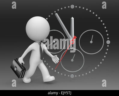 The dude 3D character businessman rushing. Clock on black background. Stock Photo