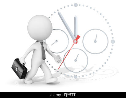 The dude 3D character businessman rushing. Clock in background. Stock Photo