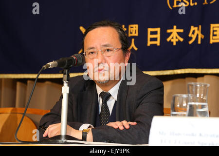 Hidetoshi Kiyotake and Minoru Tanaka launch the FCCJ Freedom of the Press Awards at the Foreign Correspondant's Club of Japan on April 2nd, 2015 in Tokyo. Journalists Kiyotake and Tanaka attend an event at Tokyo's FCCJ to explain why they are launching the FCCJ Freedom of Press Awards this year. According to the two investigative journalists freedom of the press in Japan is under threat. In 2010 Reporters Without Borders ranked Japan 11th out of 80 countries in its World Press Freedom Index, but in February 2015 Japan was ranked 61st. One reason for this is the new state secrets law introduced Stock Photo