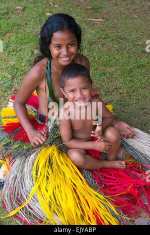 Yapese girl and boy in traditional clothing, Yap Island, Federated ...