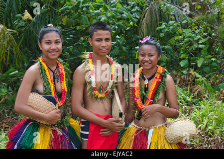 Yapese girl and boy in traditional clothing, Yap Island, Federated ...