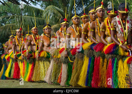 Yapese women in traditional clothing dancing at Yap Day Festival, Yap Island, Federated States of Micronesia Stock Photo