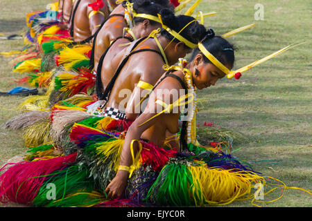 Yapese women in traditional clothing dancing at Yap Day Festival, Yap Island, Federated States of Micronesia Stock Photo