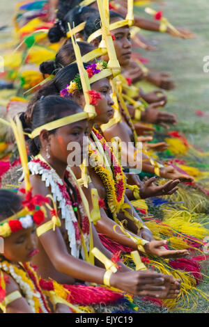 Yapese women in traditional clothing singing and dancing at Yap Day Festival, Yap Island, Federated States of Micronesia Stock Photo