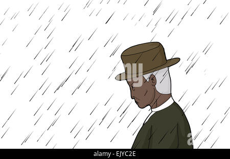 Cartoon of elderly man in in rain over white Stock Photo